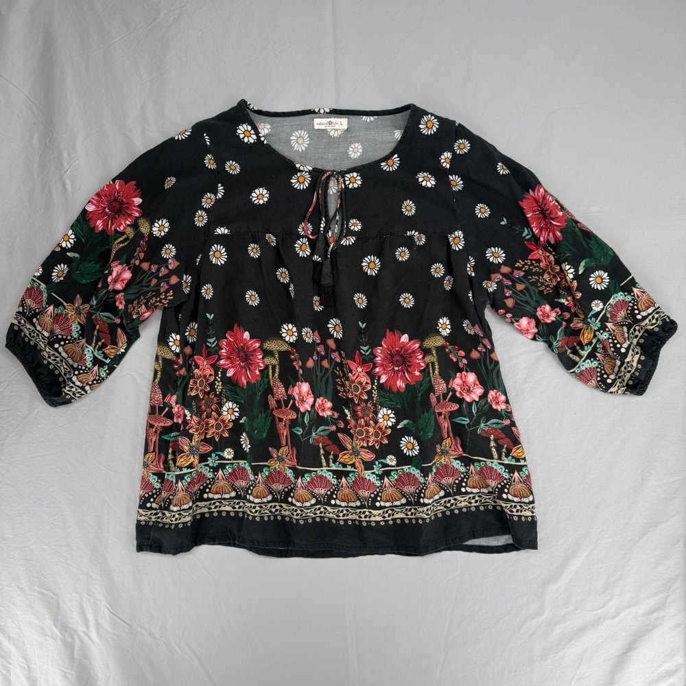Natural Life Womens Large Black Floral Mushroom Boho Tassel Keyhole Blouse Top